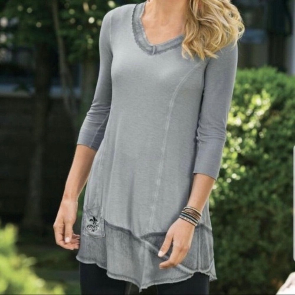 Soft Surroundings Fleur De Lis Tunic Top XL Petite Mixed Media Gray V Neck Boho